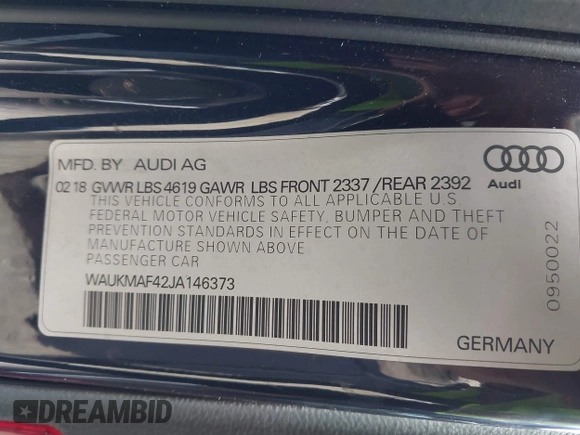 2018 Audi A4 Premium with VIN WAUKMAF42JA146373, listed as a IAAI auction lot 41276588 with 107,063 mi miles. Bid and sale history available at carsss.com. Image 9.
