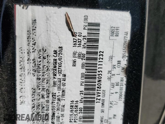 2005 Ford Mustang Deluxe with VIN 1ZVFT80N055111232, listed as a Copart auction lot 62728805 with 171,848 mi miles and Salvage title. Bid and sale history available at DreamBid. Image 13.