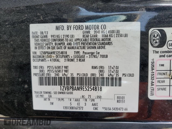 2014 Ford Mustang V6 with VIN 1ZVBP8AM9E5254818, listed as a Copart auction lot 49881225 with 149,665 mi miles and Salvage Title. Bid and sale history available at DreamBid. Image 12.