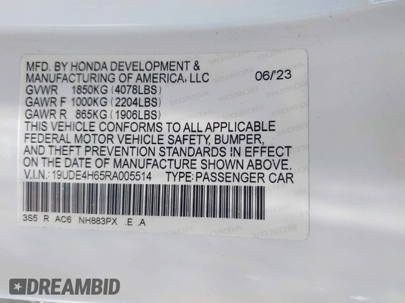 2024 Acura Integra Technology with VIN 19UDE4H65RA005514, listed as a IAAI auction lot 42375143 with 65,384 mi miles and . Bid and sale history available at DreamBid. Image 9.