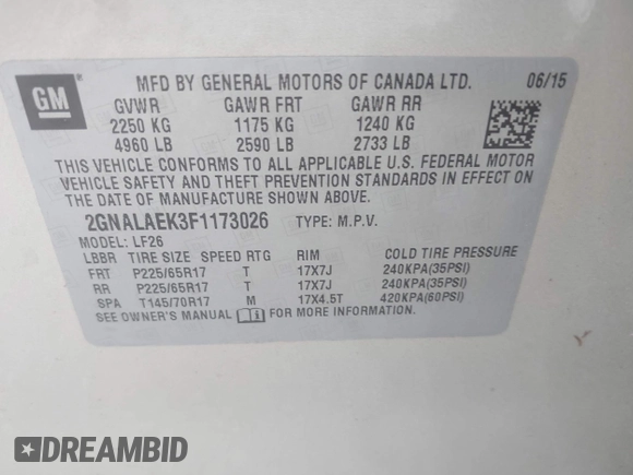 2015 Chevrolet Equinox LS with VIN 2GNALAEK3F1173026, listed as a IAAI auction lot 41872761 with 93,138 mi miles. Bid and sale history available at carsss.com. Image 9.