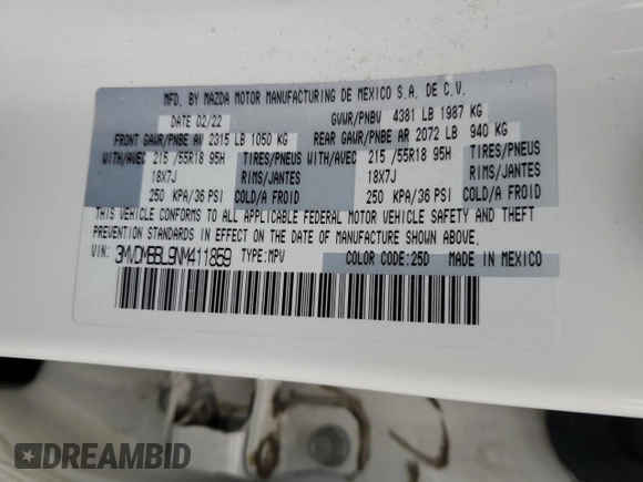 2022 Mazda CX-30 S Select with VIN 3MVDMBBL9NM411859, listed as a Copart auction lot 59875745 with 52,878 mi miles and Salvage title. Bid and sale history available at DreamBid. Image 13.