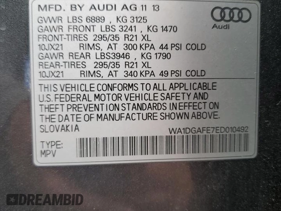 2014 Audi Q7 3.0T S line Prestige with VIN WA1DGAFE7ED010492, listed as a Copart auction lot 53492105 with 144,974 mi miles and Salvage Title. Bid and sale history available at carsss.com. Image 13.