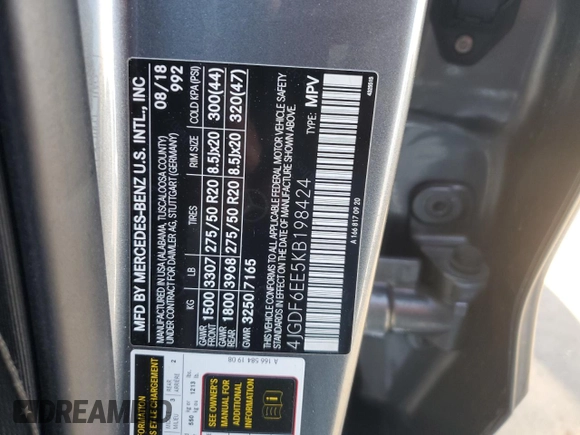2019 Mercedes-Benz GLS 450 with VIN 4JGDF6EE5KB198424, listed as a Copart auction lot 56060955 with 65,016 mi miles and Salvage title. Bid and sale history available at DreamBid. Image 13.