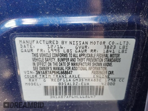 2017 Nissan Sentra SV with VIN 3N1AB7AP6HL668647, listed as a Copart auction lot 49869255 with 93,309 mi miles and Salvage Title. Bid and sale history available at DreamBid. Image 12.