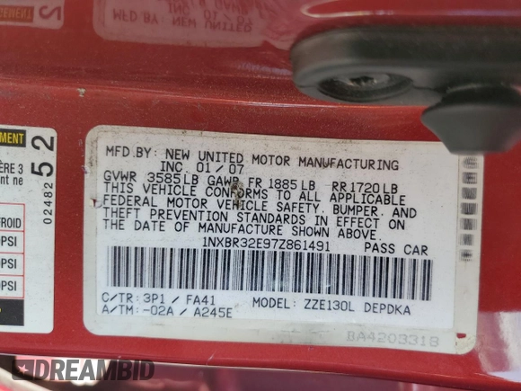 2007 Toyota Corolla CE with VIN 1NXBR32E97Z861491, listed as a Copart auction lot 61940895 with 102,481 mi miles and Salvage title. Bid and sale history available at DreamBid. Image 12.
