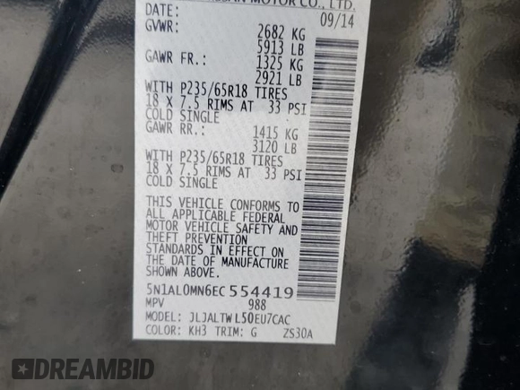 2014 Infiniti QX60 с VIN 5N1AL0MN6EC554419, выставлен на аукционе Copart как лот 60925225 с пробегом 104 621 миль миль и Чистый • Clean title. История ставок и продаж доступна на DreamBid. Изображение 13.