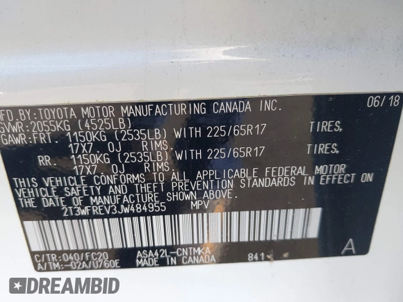 2018 Toyota RAV4 XLE with VIN 2T3WFREV3JW484955, listed as a IAAI auction lot 42262089 with 118,527 mi miles and . Bid and sale history available at DreamBid. Image 9.