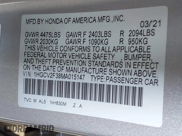 2021 Honda Accord Sport with VIN 1HGCV2F38MA015147, listed as a IAAI auction lot 42402213 with 31,715 mi miles and . Bid and sale history available at DreamBid. Image 9.