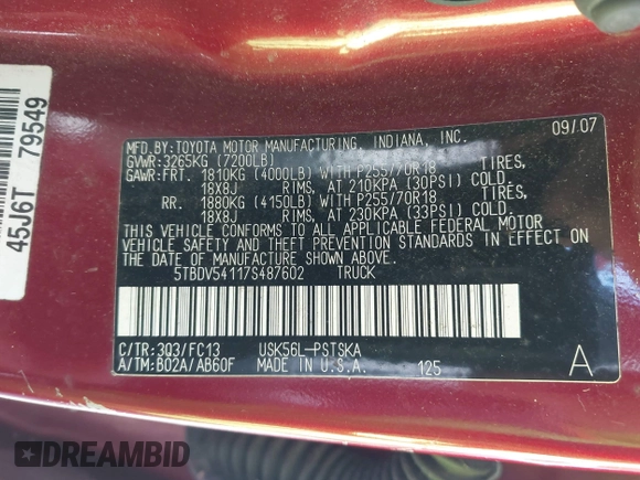 2007 Toyota Tundra SR5 with VIN 5TBDV54117S487602, listed as a IAAI auction lot 42106287 with 214,725 mi miles. Bid and sale history available at carsss.com. Image 9.