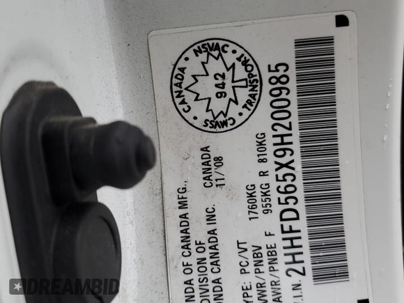 2009 Acura CSX z VIN 2HHFD565X9H200985, wystawiony jako Copart lot #56405595 z przebiegiem 181 948 mil mil oraz Szkoda całkowita • Salvage title. Historia ofert i sprzedaży dostępna na DreamBid. Obrazek 12.