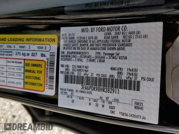 2017 Ford Fusion Titanium with VIN 3FA6P0K98HR282911, listed as a Copart auction lot 42325805 with 63,997 mi miles and Non repairable. Bid and sale history available at DreamBid. Image 12.