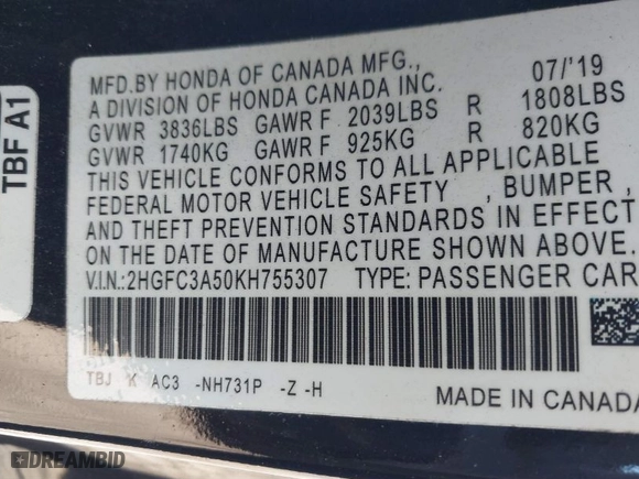 2019 Honda Civic Si Coupe with VIN 2HGFC3A50KH755307, listed as a IAAI auction lot 41645543 with NaN miles. Bid and sale history available at carsss.com. Image 9.