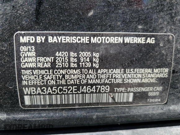 2014 BMW 3 Series 328i with VIN WBA3A5C52EJ464789, listed as a Copart auction lot 56327945 with 153,006 mi miles and Salvage title. Bid and sale history available at DreamBid. Image 12.