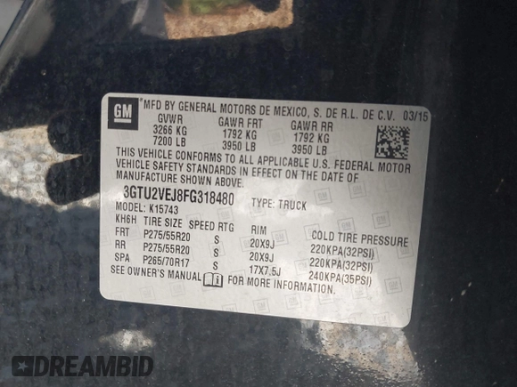 2015 GMC Sierra 1500 SLT with VIN 3GTU2VEJ8FG318480, listed as a IAAI auction lot 42075388 with 143,156 mi miles and . Bid and sale history available at DreamBid. Image 9.