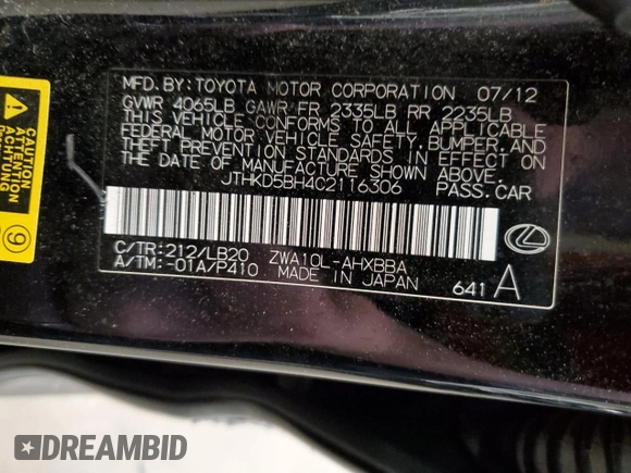 2012 Lexus CT 200h z VIN JTHKD5BH4C2116306, wystawiony jako Copart lot #55735865 z przebiegiem 232 468 mil mil oraz Szkoda całkowita • Salvage title. Historia ofert i sprzedaży dostępna na DreamBid. Obrazek 14.