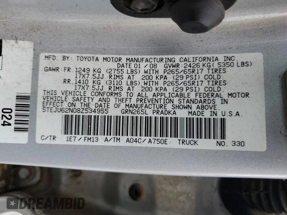 2008 Toyota Tacoma PreRunner with VIN 5TEJU62N08Z534955, listed as a Copart auction lot 48037145 with 189,776 mi miles and Salvage Title. Bid and sale history available at carsss.com. Image 12.