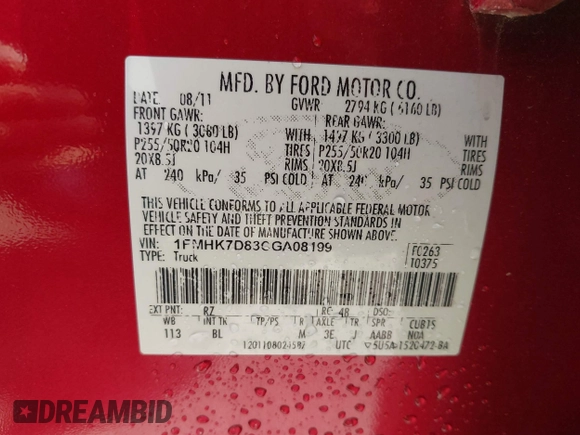 2012 Ford Explorer XLT with VIN 1FMHK7D83CGA08199, listed as a IAAI auction lot 42695395 with 138,925 mi miles and . Bid and sale history available at DreamBid. Image 9.