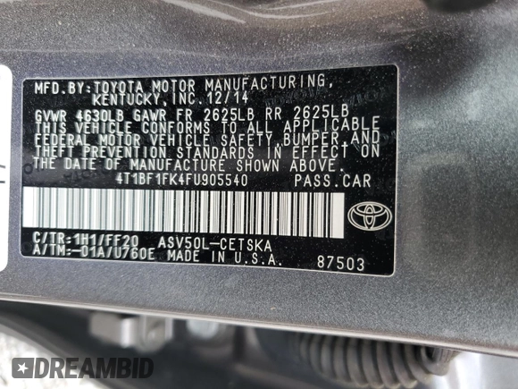 2015 Toyota Camry XLE with VIN 4T1BF1FK4FU905540, listed as a Copart auction lot 50868185 with 52,853 mi miles and Salvage Title. Bid and sale history available at carsss.com. Image 14.