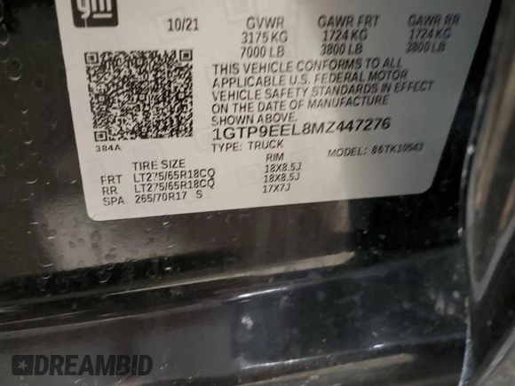 2021 GMC Sierra 1500 AT4 with VIN 1GTP9EEL8MZ447276, listed as a Copart auction lot 45757975 with 70,086 mi miles and Salvage Title. Bid and sale history available at carsss.com. Image 14.
