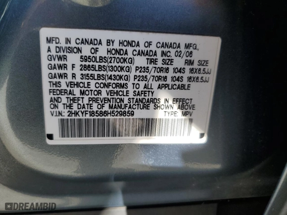 2006 Honda Pilot EX-L with VIN 2HKYF18586H529859, listed as a Copart auction lot 50433415 with 211,143 mi miles and Salvage Title. Bid and sale history available at carsss.com. Image 15.