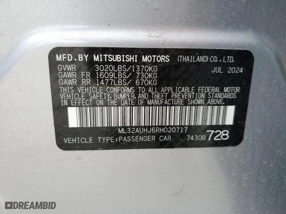 2024 Mitsubishi Mirage ES with VIN ML32AUHJ6RH020717, listed as a Copart auction lot 52878845 with 0 mi miles and Clean Title. Bid and sale history available at carsss.com. Image 12.