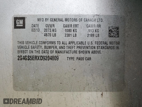 2013 Buick Regal Premium 1 with VIN 2G4GS5ERXD9204809, listed as a Copart auction lot 79568894 with 208,995 mi miles and Salvage Title. Bid and sale history available at DreamBid. Image 13.