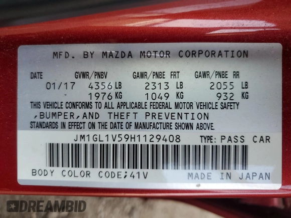 2017 Mazda Mazda6 Touring with VIN JM1GL1V59H1129408, listed as a Copart auction lot 54129295 with 90,672 mi miles and Salvage Title. Bid and sale history available at carsss.com. Image 12.