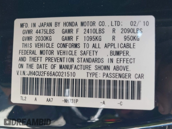 2010 Acura TSX z VIN JH4CU2F66AC021510, wystawiony jako IAAI lot #42281630 z przebiegiem 154 584 mil mil oraz . Historia ofert i sprzedaży dostępna na DreamBid. Obrazek 9.