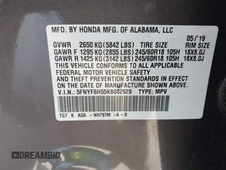2019 Honda Pilot EX-L with VIN 5FNYF6H55KB082929, listed as a IAAI auction lot 42057611 with 93,532 mi miles and . Bid and sale history available at DreamBid. Image 9.