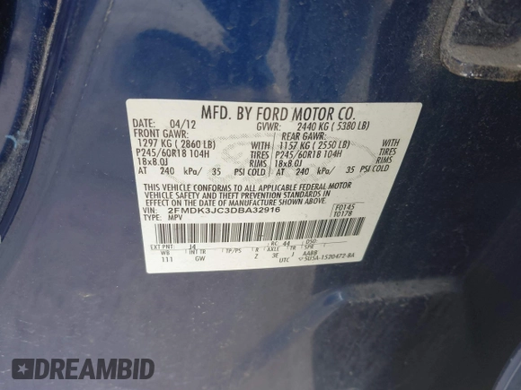 2013 Ford Edge SEL with VIN 2FMDK3JC3DBA32916, listed as a IAAI auction lot 42098179 with 146,093 mi miles. Bid and sale history available at carsss.com. Image 9.