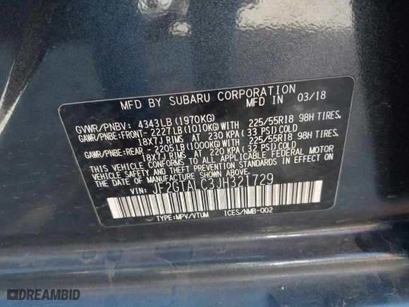 2018 Subaru Crosstrek Limited with VIN JF2GTALC3JH321729, listed as a IAAI auction lot 41721842 with NaN miles. Bid and sale history available at carsss.com. Image 9.
