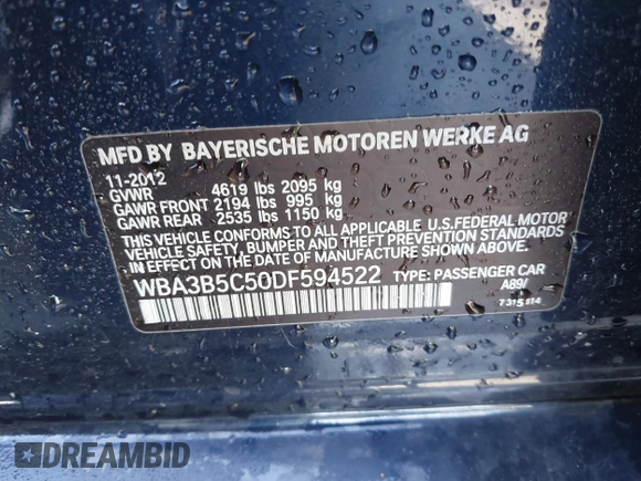 2013 BMW 3 Series 328i xDrive with VIN WBA3B5C50DF594522, listed as a IAAI auction lot 42166416 with 138,900 mi miles and . Bid and sale history available at DreamBid. Image 9.