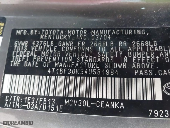 2004 Toyota Camry LE with VIN 4T1BF30K54U581984, listed as a IAAI auction lot 41790996 with 256,009 mi miles. Bid and sale history available at carsss.com. Image 9.