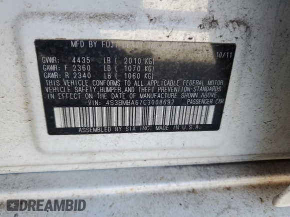2012 Subaru Legacy 2.5i with VIN 4S3BMBA67C3008692, listed as a Copart auction lot 48593585 with 202,432 mi miles and Salvage Title. Bid and sale history available at DreamBid. Image 15.