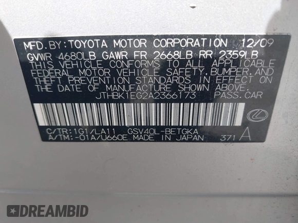 2010 Lexus ES 330 with VIN JTHBK1EG2A2366173, listed as a IAAI auction lot 42212977 with 160,658 mi miles and . Bid and sale history available at DreamBid. Image 9.