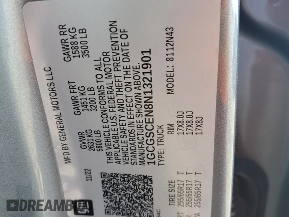 2022 Chevrolet Colorado 2WD LT with VIN 1GCGSCEN8N1321901, listed as a Copart auction lot 61240695 with Not provided miles and Non repairable. Bid and sale history available at DreamBid. Image 13.