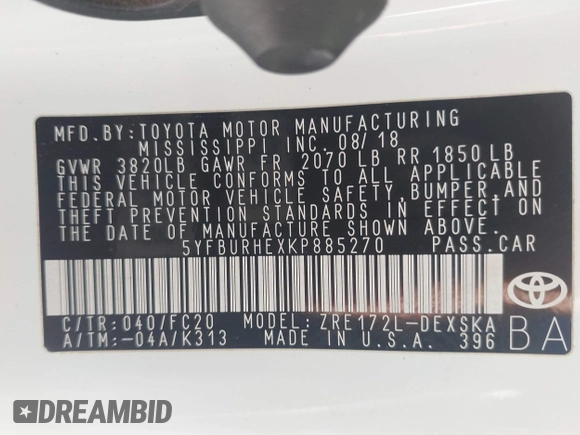 2019 Toyota Corolla L z VIN 5YFBURHEXKP885270, wystawiony jako IAAI lot #42291425 z przebiegiem 82 304 mil mil oraz . Historia ofert i sprzedaży dostępna na DreamBid. Obrazek 9.