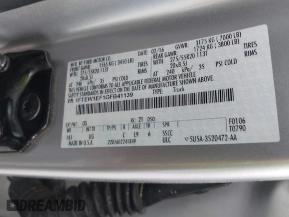 2016 Ford F-150 XLT with VIN 1FTEW1EF1GFB41139, listed as a IAAI auction lot 41867138 with 133,256 mi miles. Bid and sale history available at carsss.com. Image 9.