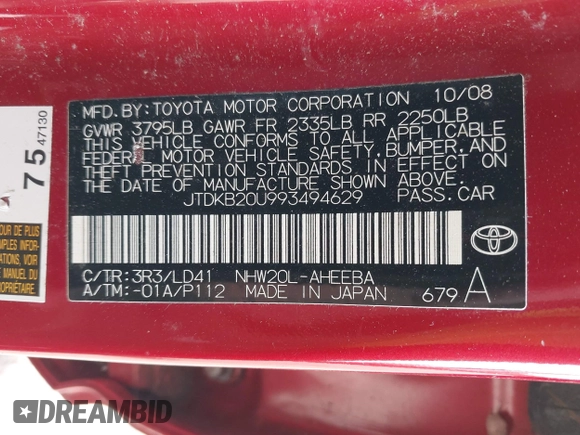 2009 Toyota Prius with VIN JTDKB20U993494629, listed as a IAAI auction lot 42215432 with 149,825 mi miles and . Bid and sale history available at DreamBid. Image 9.