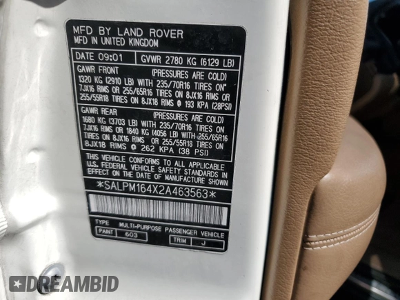2002 Land Rover Range Rover z VIN SALPM164X2A463563, wystawiony jako Copart lot #73380104 z przebiegiem 174 462 mil mil oraz Czysty tytuł • Clean title. Historia ofert i sprzedaży dostępna na DreamBid. Obrazek 13.