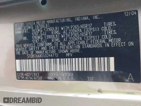 2005 Toyota Sequoia SR5 with VIN 5TDBT44A55S244712, listed as a IAAI auction lot 42037865 with 205,226 mi miles and . Bid and sale history available at DreamBid. Image 9.
