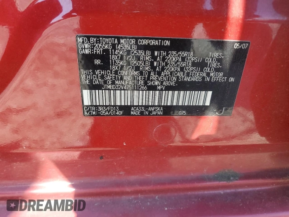 2007 Toyota RAV4 Sport with VIN JTMBD32V475111266, listed as a Copart auction lot 52292615 with 112,503 mi miles and Salvage Title. Bid and sale history available at carsss.com. Image 13.