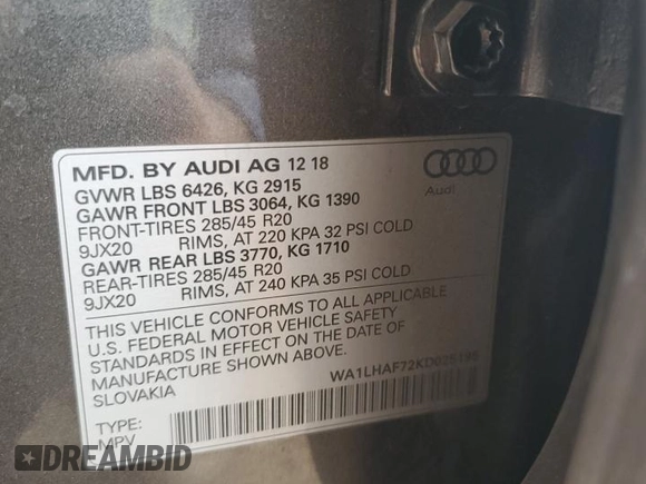 2019 Audi Q7 Premium Plus z VIN WA1LHAF72KD025195, wystawiony jako Copart lot #56040865 z przebiegiem 49 559 mil mil oraz Szkoda całkowita • Salvage title. Historia ofert i sprzedaży dostępna na DreamBid. Obrazek 14.