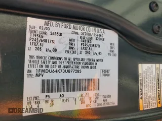 2003 Ford Explorer Eddie Bauer с VIN 1FMDU64K73UB77285, выставлен на аукционе Copart как лот 73601294 с пробегом Не указан миль и Списание • Salvage title. История ставок и продаж доступна на DreamBid. Изображение 13.