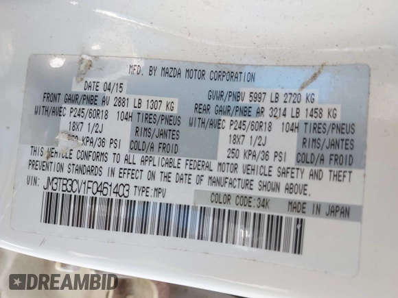 2015 Mazda CX-9 Touring with VIN JM3TB3CV1F0461403, listed as a IAAI auction lot 42148325 with 143,452 mi miles. Bid and sale history available at carsss.com. Image 9.