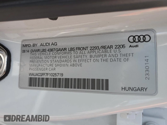 2015 Audi A3 1.8T Premium with VIN WAUACGFF7F1025719, listed as a Copart auction lot 68613093 with 0 mi miles. Bid and sale history available at carsss.com. Image 12.
