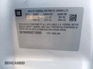 2012 Chevrolet Impala LS Retail with VIN 2G1WA5E3XC1155955, listed as a IAAI auction lot 41459752 with 67,846 mi miles and . Bid and sale history available at DreamBid. Image 9.