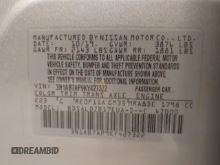 2019 Nissan Sentra SV with VIN 3N1AB7AP9KY427322, listed as a IAAI auction lot 41609080 with 125,408 mi miles and . Bid and sale history available at DreamBid. Image 9.