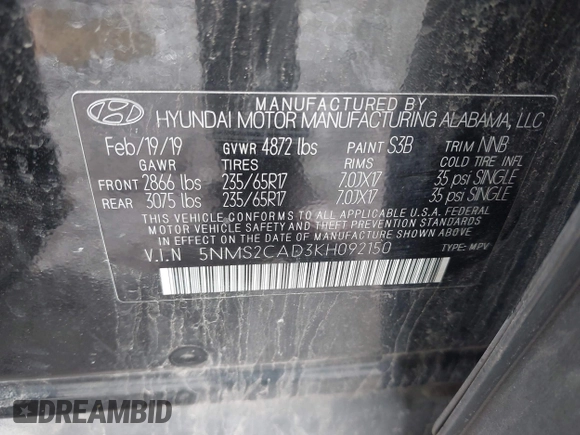 2019 Hyundai Santa Fe SE with VIN 5NMS2CAD3KH092150, listed as a IAAI auction lot 41902766 with 46,595 mi miles and . Bid and sale history available at DreamBid. Image 9.